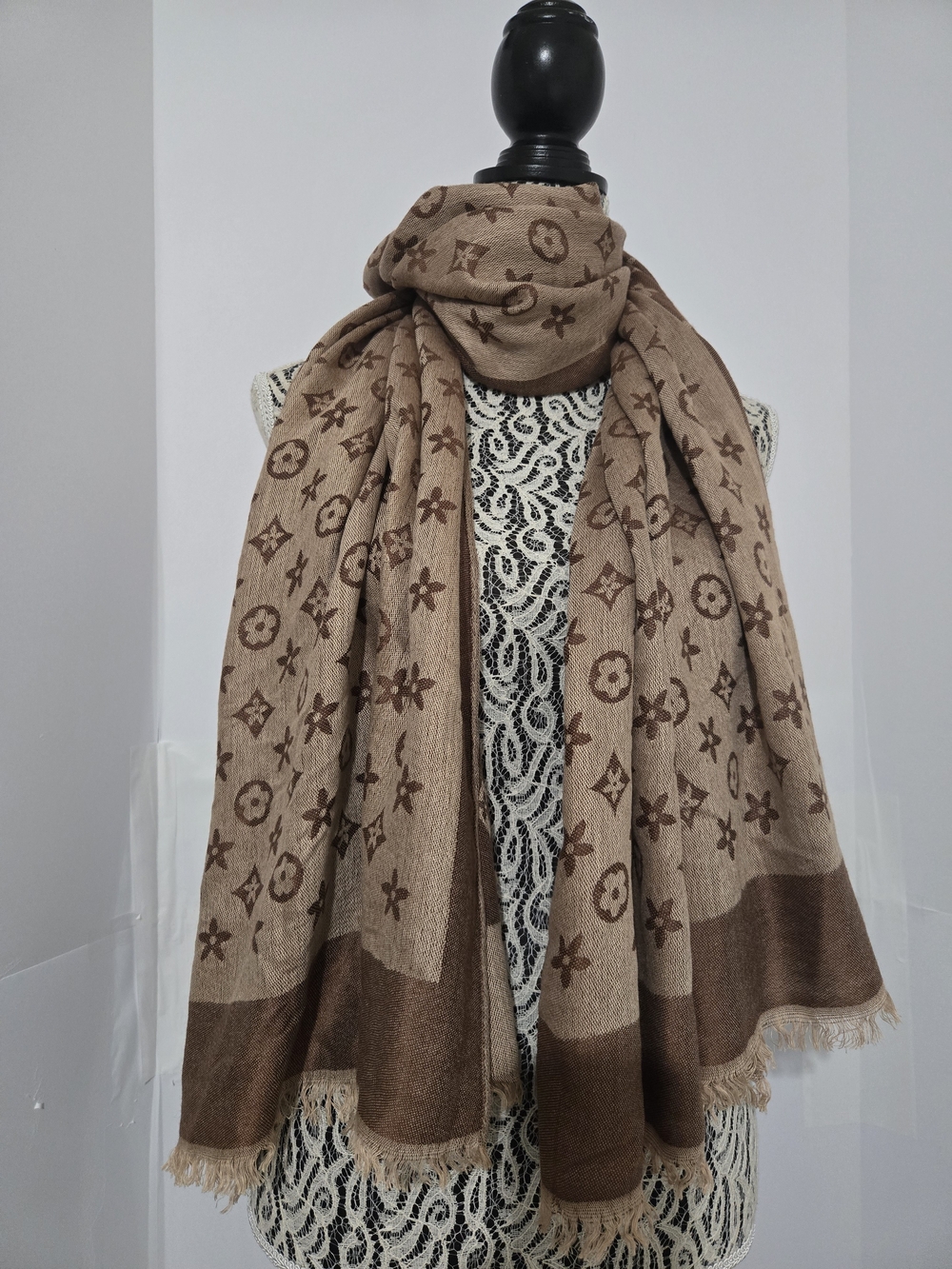 Classic Brown Monogram-Style Soft Wrap Scarf
